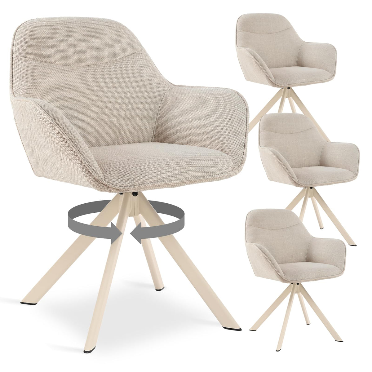 Esszimmerstühle Drehbar 4er Set mit Armlehne, 360° drehbar, Polsterstuhl Leinen, Drehstuhl Esszimmer Beige, Küchenstuhl mit Metallbeine für