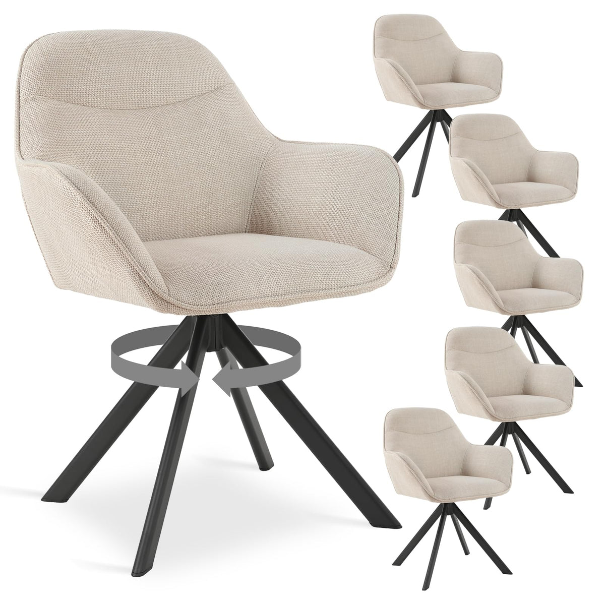 Esszimmerstühle Drehbar 4er Set mit Armlehne, 360° drehbar, Polsterstuhl Leinen, Drehstuhl Esszimmer Beige, Küchenstuhl mit Metallbeine für