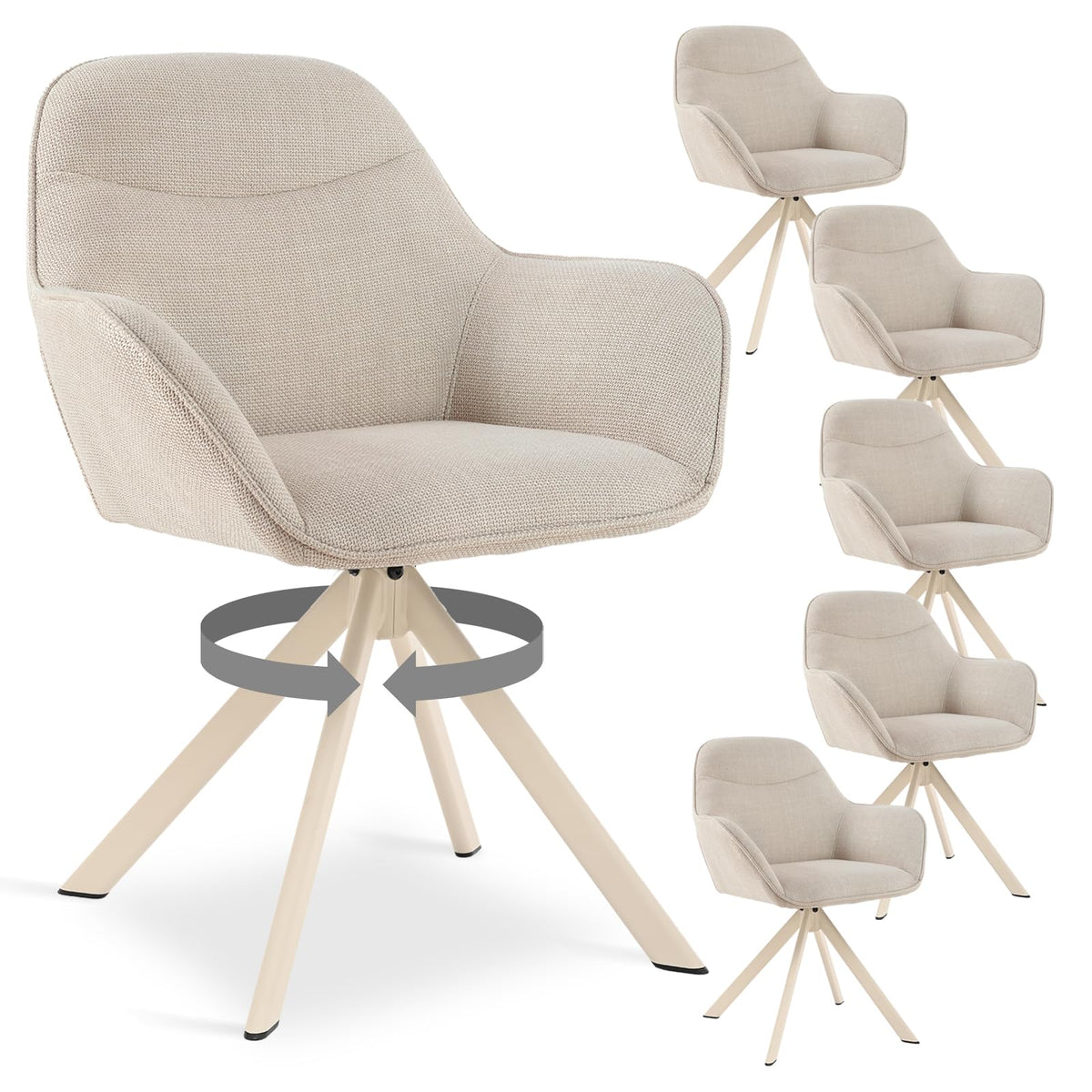 Esszimmerstühle Drehbar 4er Set mit Armlehne, 360° drehbar, Polsterstuhl Leinen, Drehstuhl Esszimmer Beige, Küchenstuhl mit Metallbeine für