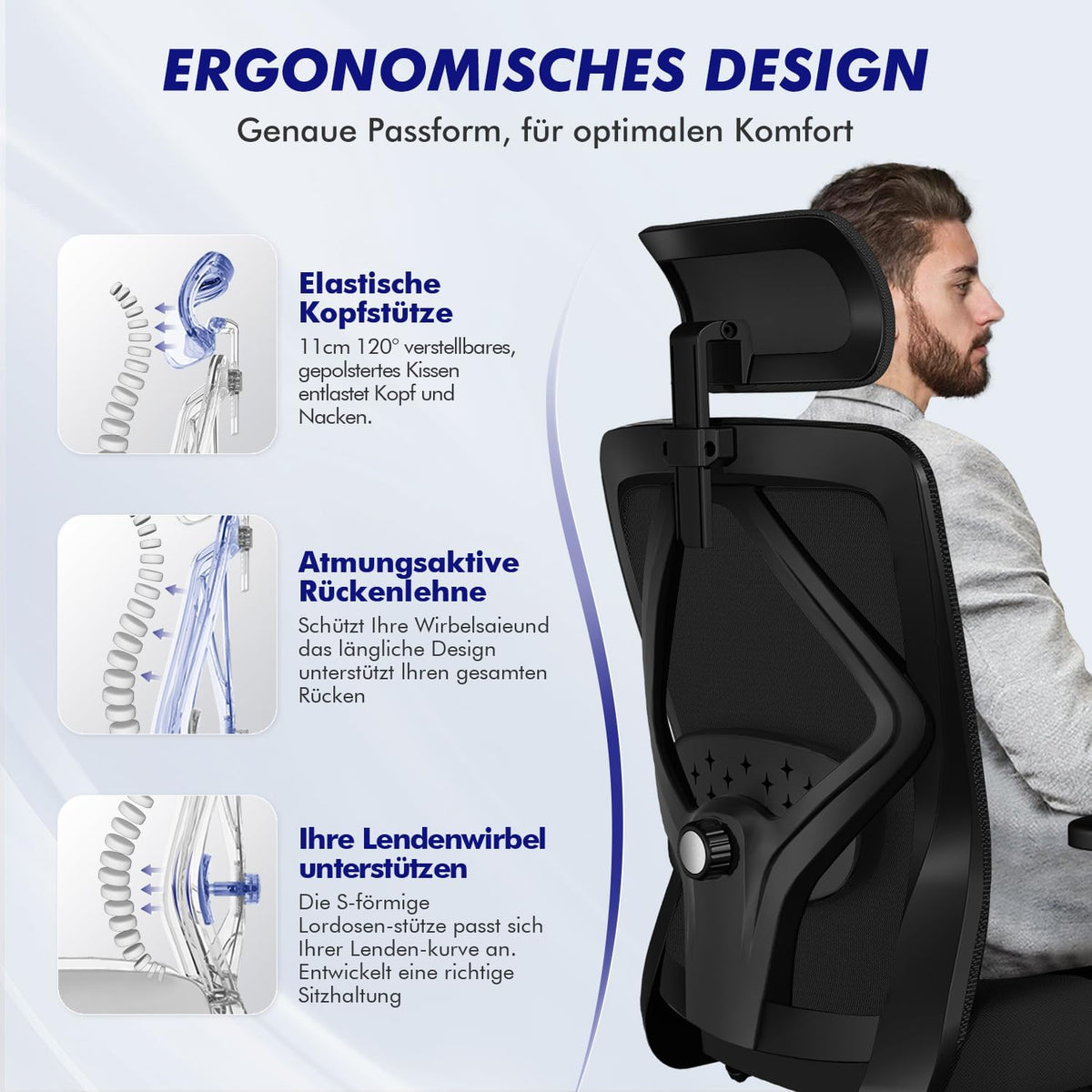 Daccormax Bürostuhl, Bürostuhl Ergonomisch Schreibtischstuhl mit Verstellbaren Armlehnen, Kopfstütze und weiche Lendenstütze aus Naturschwamm