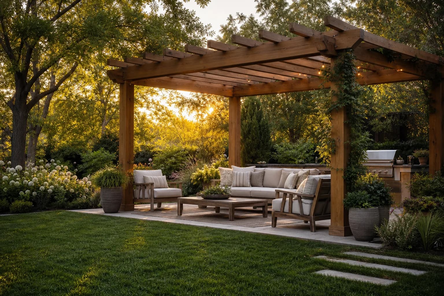 Gestalteter Garten mit Holzpergola und Sitzbereich im Freien