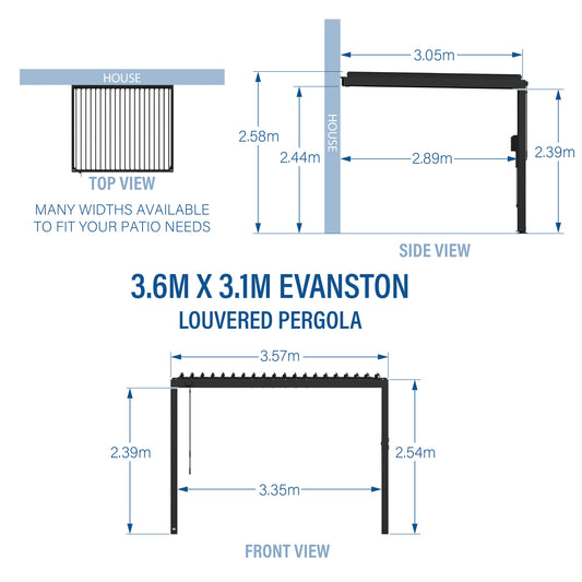 3.6m x 3.1m (12ft x 10ft) Evanston Wall Mounted Louvered Pergola