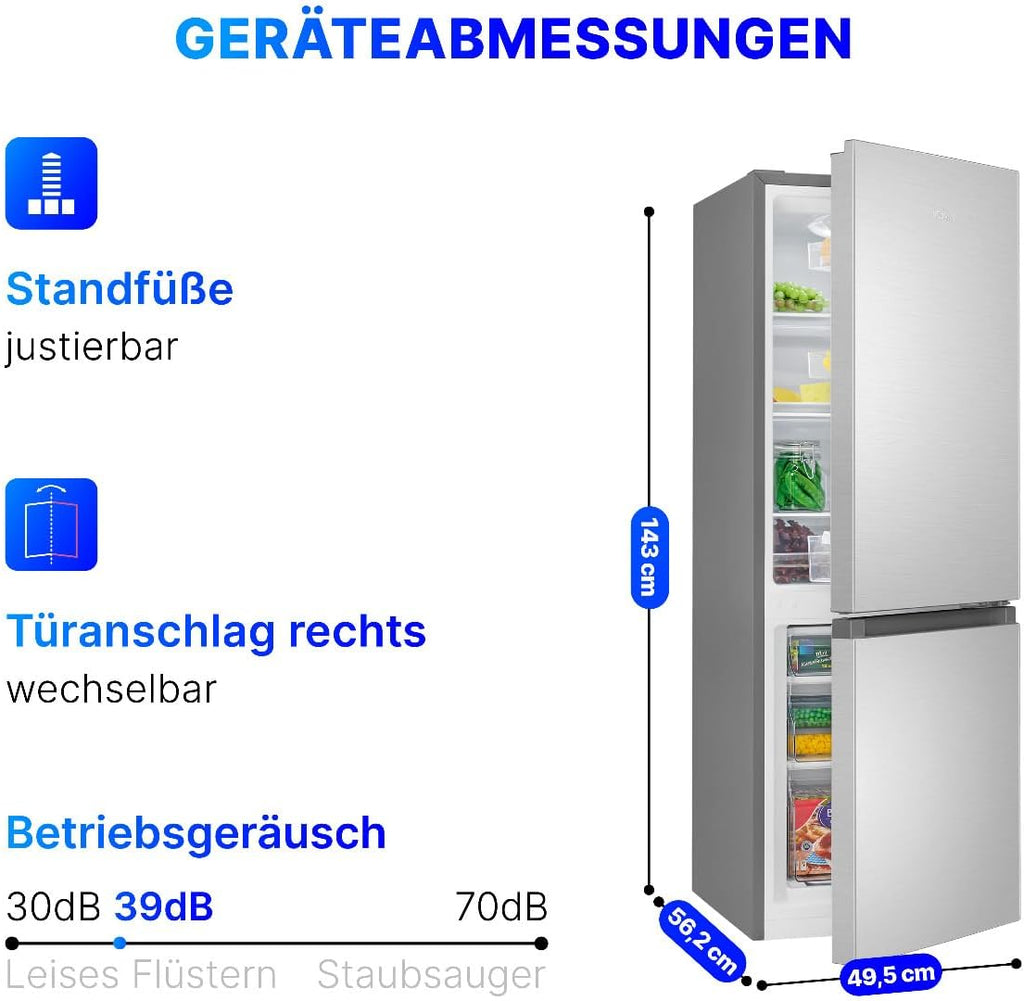 Bomann® Kühlschrank mit Gefrierfach – Energieklasse E – 143 cm – Kühl-Gefrierkombination leise 39 dB – 3 Ablagen & 3 Schubladen