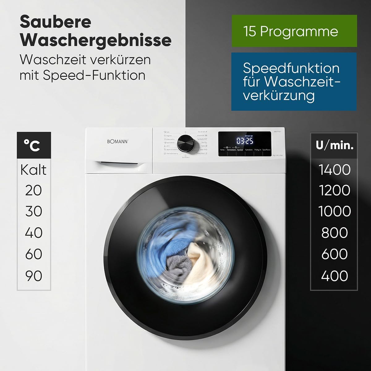 Bomann® Waschmaschine 7kg – max. 1400 U/min – 10 Jahre Motor-Garantie – effizienter, leiser & langlebiger Invertermotor – 15 Programme