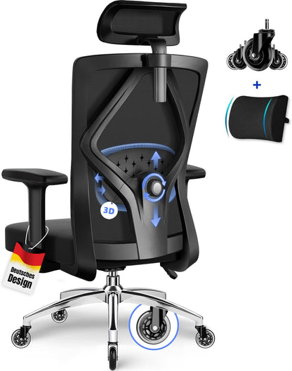 Daccormax Bürostuhl, Bürostuhl Ergonomisch Schreibtischstuhl mit Verstellbaren Armlehnen, Kopfstütze und weiche Lendenstütze aus Naturschwamm