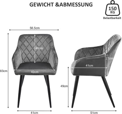 CLIPOP Esszimmerstühle 2er Set, Küchenstühle Grau Samtstoff stühle Polsterstühle mit Armlehne Metallbeine Polstersessel Stühle für Esszimmer Küche