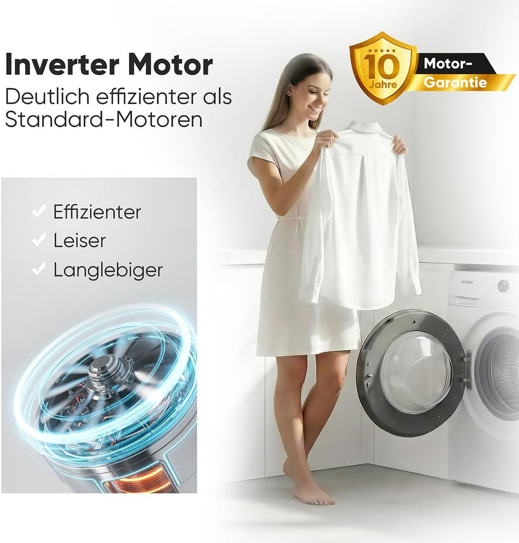 Bomann® Waschmaschine 7kg – max. 1400 U/min – 10 Jahre Motor-Garantie – effizienter, leiser & langlebiger Invertermotor – 15 Programme