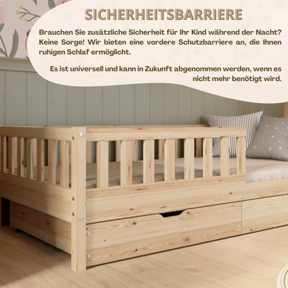 Crazy Pine Montessori Bodenbett Kinderbett aus Massivholz mit Schublade & Rausfallschutz – Skandinavisches Kinderbett