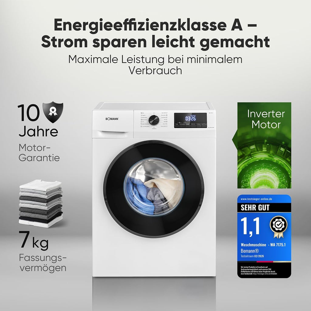 Bomann® Waschmaschine 7kg – max. 1400 U/min – 10 Jahre Motor-Garantie – effizienter, leiser & langlebiger Invertermotor – 15 Programme