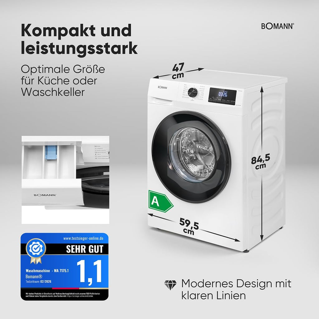 Bomann® Waschmaschine 7kg – max. 1400 U/min – 10 Jahre Motor-Garantie – effizienter, leiser & langlebiger Invertermotor – 15 Programme