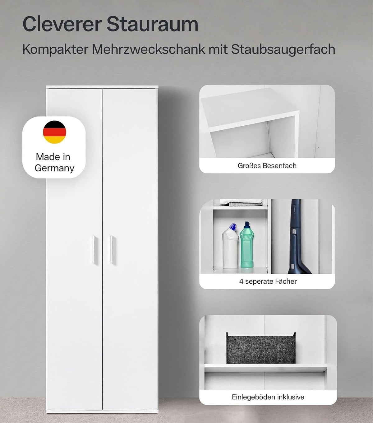 mokebo Mehrzweckschrank Besenschrank (60x180 cm) 'Der Lange' Made in Germany aus Holz auch als Haushaltsschrank Putzschrank Vorratsschrank