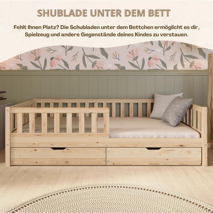 Crazy Pine Montessori Bodenbett Kinderbett aus Massivholz mit Schublade & Rausfallschutz – Skandinavisches Kinderbett