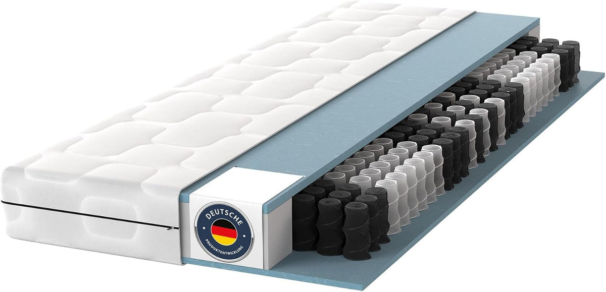 BMM Ortho Medic Taschenfederkernmatratze 90x200 H3 – 7 Zonen Federkernmatratze 21 cm hoch, ergonomisch & rückenschonend, atmungsaktiv