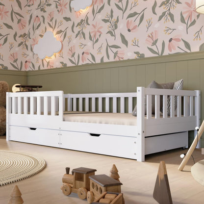 Crazy Pine Montessori Bodenbett Kinderbett aus Massivholz mit Schublade & Rausfallschutz – Skandinavisches Kinderbett