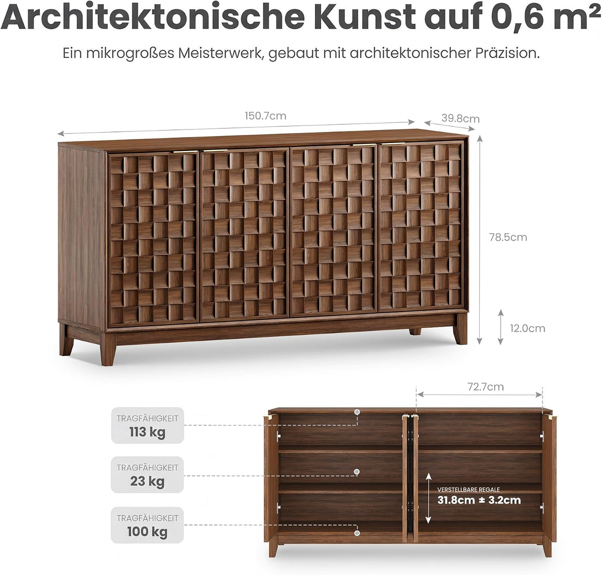 COLAMY Sideboard 150 cm Holz mit Stauraum – Modernes Sideboard für Wohnzimmer, Küchenschrank mit verstellbaren Einlegeböden