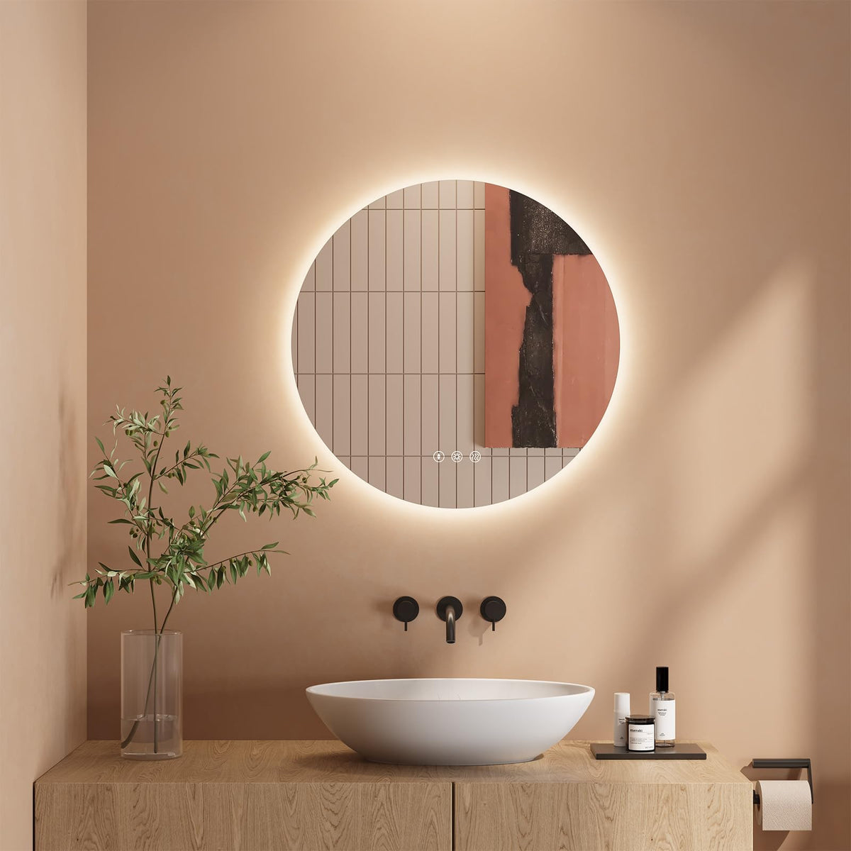 Dripex Badezimmerspiegel Led Badspiegel Rund, Touch-Schalter, Dimmbar, 3 Lichtfarbe Einstellbare Spiegel Bad mit Beleuchtung, LED Wandspiegel mit