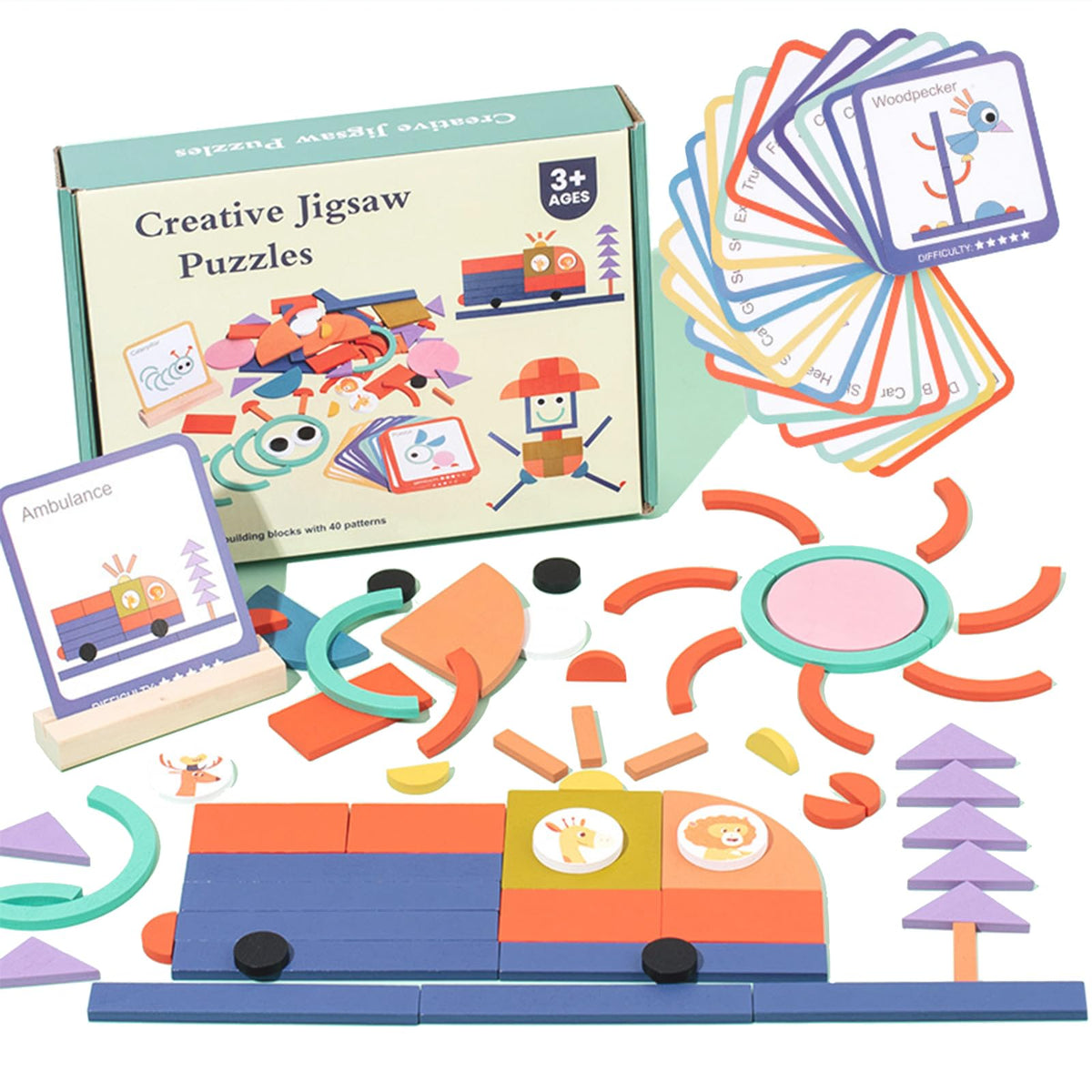 Kreatives Holzpuzzle Stäbchen & Ringe, Montessori Spielzeug Formanpassungsspiel ab 3 Jahren