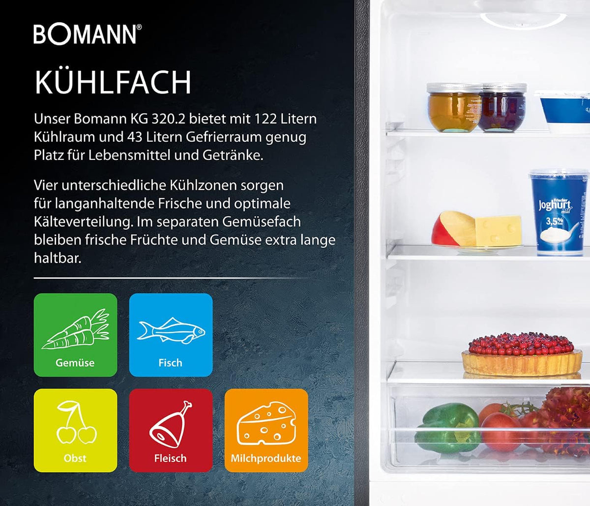 Bomann® Kühlschrank mit Gefrierfach – Energieklasse E – 143 cm – Kühl-Gefrierkombination leise 39 dB – 3 Ablagen & 3 Schubladen