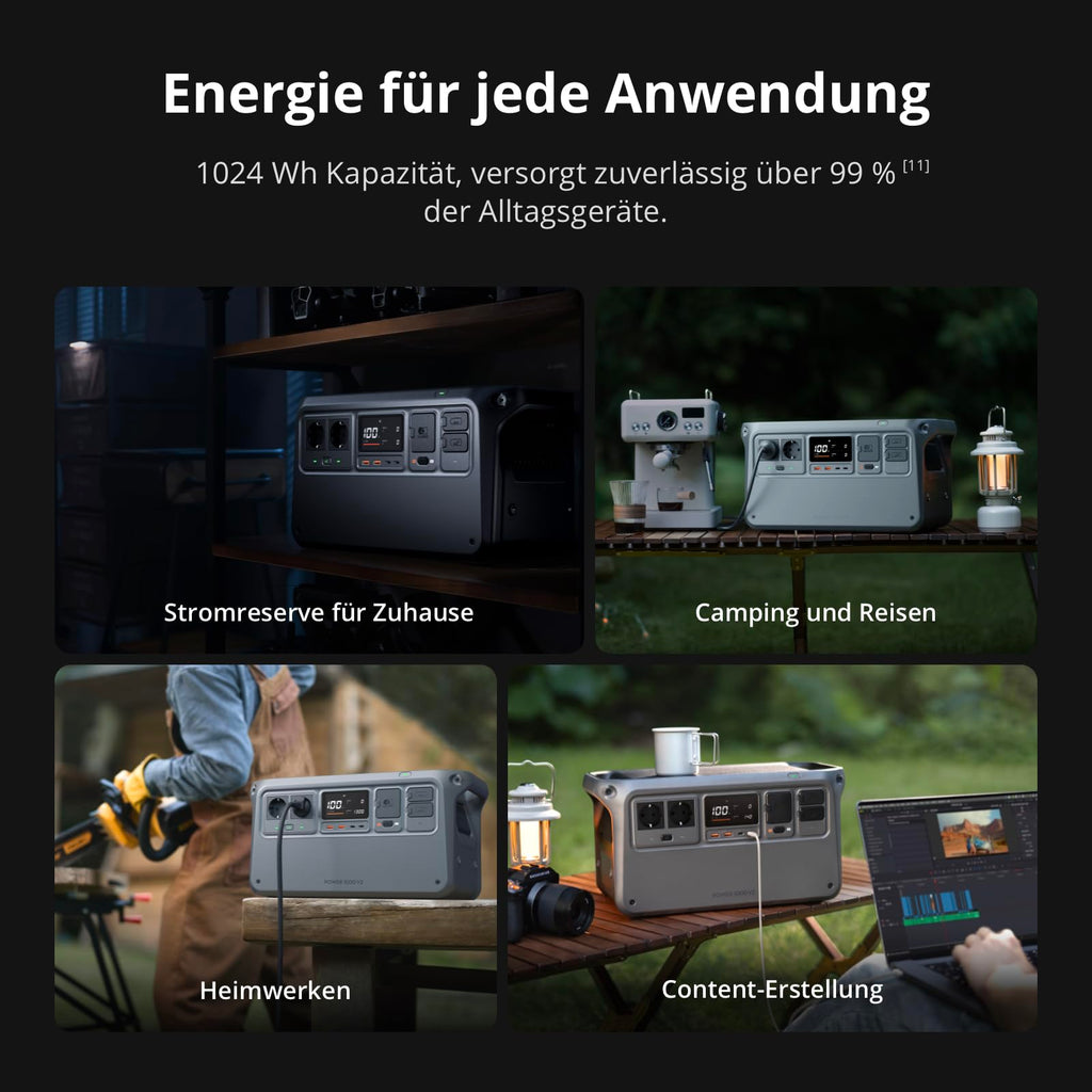 DJI Power 1000 V2 tragbare Powerstation, 200W faltbares Solarpanel, 1024 Wh LFP-Akku, 2600 W stabile Ausgangsleistung, in 37 Min. von 0% auf 80%, maximale Sicherheit, Camping, Stromausfall