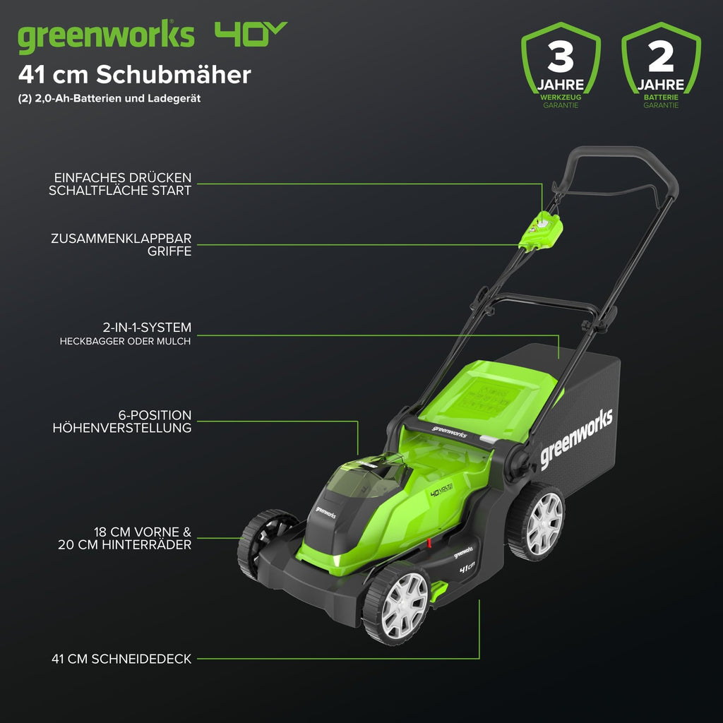 Greenworks 40V Kabelloser Akku Rasenmäher für Flächen bis zu 500 m², 41 cm Schnittbreite, 50-Liter-Sack PLUS zwei 40 V 2Ah-Akkus mit Ladegerät, 3 Jahre Garantie-G40LM41K2X