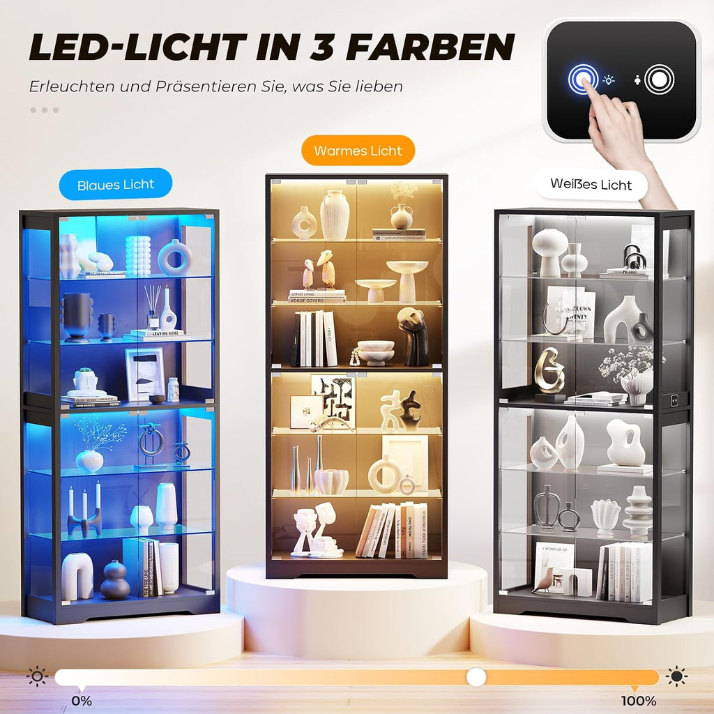 BROTTAR Vitrine mit Glastür, 6-stufige 180cm Vitrine mit 3 Farblichten für Sammlerstücke, Vitrine mit verstellbaren Glasträgern