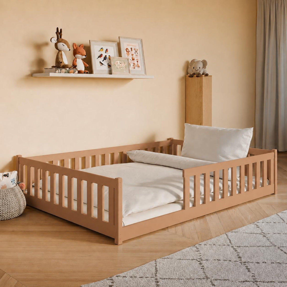 Kids Collective Kinderbett Bodenbett 120x200 cm Bett mit Rausfallschutz & Lattenrost Montessori Bett Bed Gitterbett Kinder Jugendbett Einzelbett