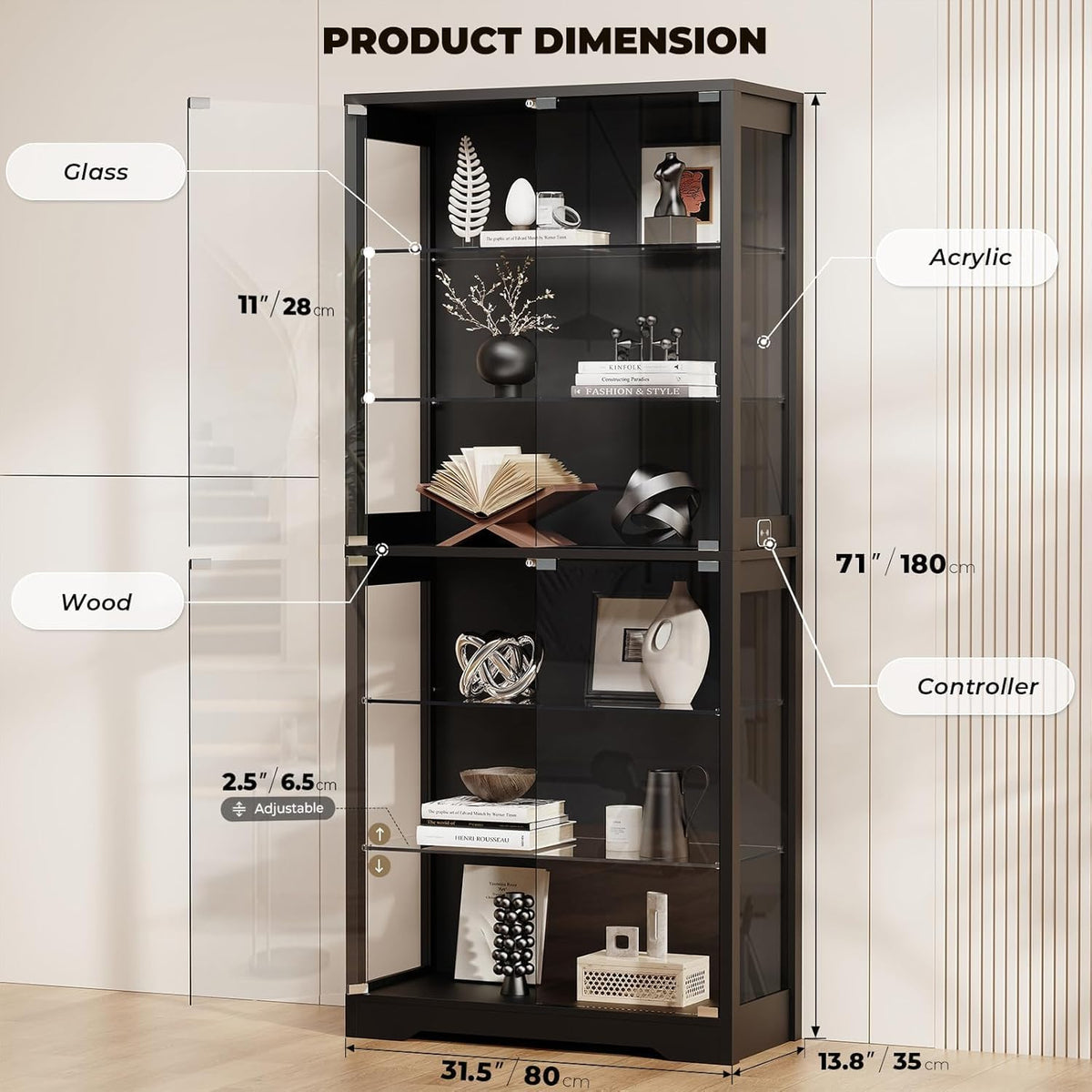 BROTTAR Vitrine mit Glastür, 6-stufige 180cm Vitrine mit 3 Farblichten für Sammlerstücke, Vitrine mit verstellbaren Glasträgern