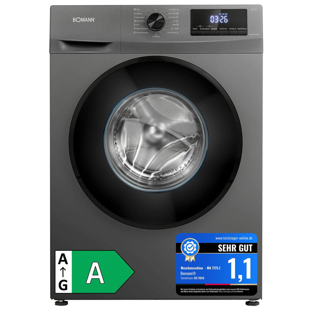 Bomann® Waschmaschine 7kg – max. 1400 U/min – 10 Jahre Motor-Garantie – effizienter, leiser & langlebiger Invertermotor – 15 Programme