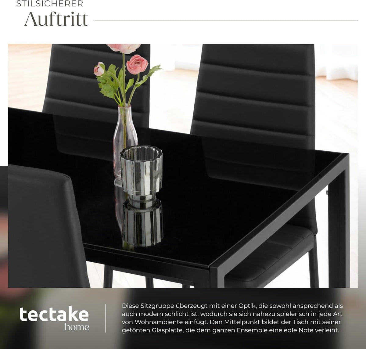 tectake Essgruppe Set Tisch und Stühle, Esstisch und 4X Stuhl, strapazierfähiges Kunstleder, Tischplatte aus Sicherheitsglas, Küchenstühle modern