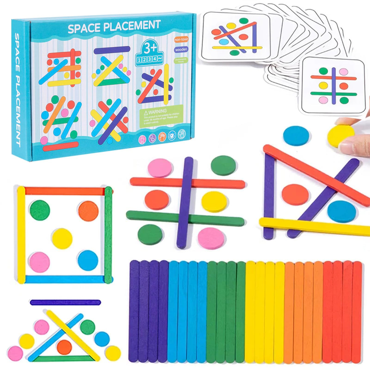 Kreatives Holzpuzzle Stäbchen & Ringe, Montessori Spielzeug Formanpassungsspiel ab 3 Jahren