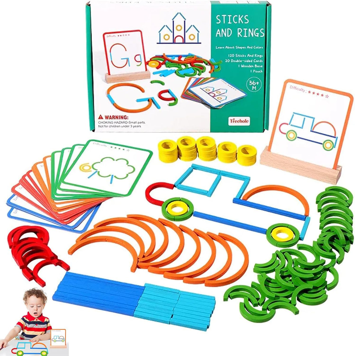Kreatives Holzpuzzle Stäbchen & Ringe, Montessori Spielzeug Formanpassungsspiel ab 3 Jahren