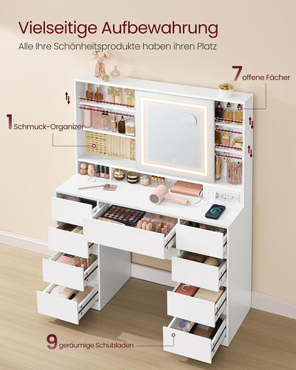 VASAGLE Schminktisch mit Beleuchtung und mit Spiege, 9 Schubladen