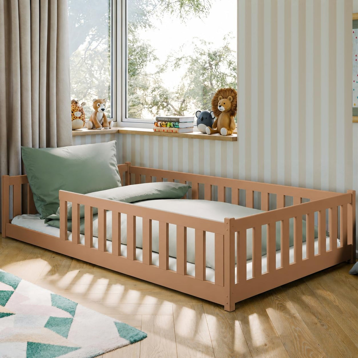 Kids Collective Kinderbett Bodenbett 120x200 cm Bett mit Rausfallschutz & Lattenrost Montessori Bett Bed Gitterbett Kinder Jugendbett Einzelbett