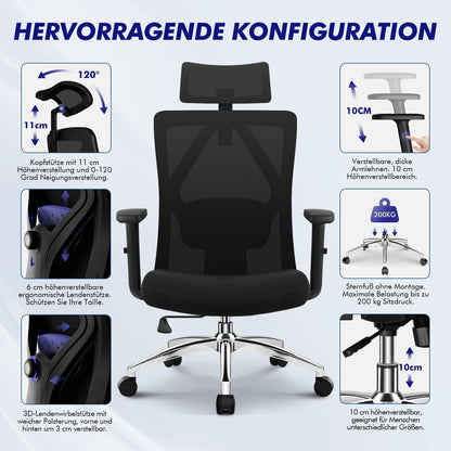 Daccormax Bürostuhl, Bürostuhl Ergonomisch Schreibtischstuhl mit Verstellbaren Armlehnen, Kopfstütze und weiche Lendenstütze aus Naturschwamm