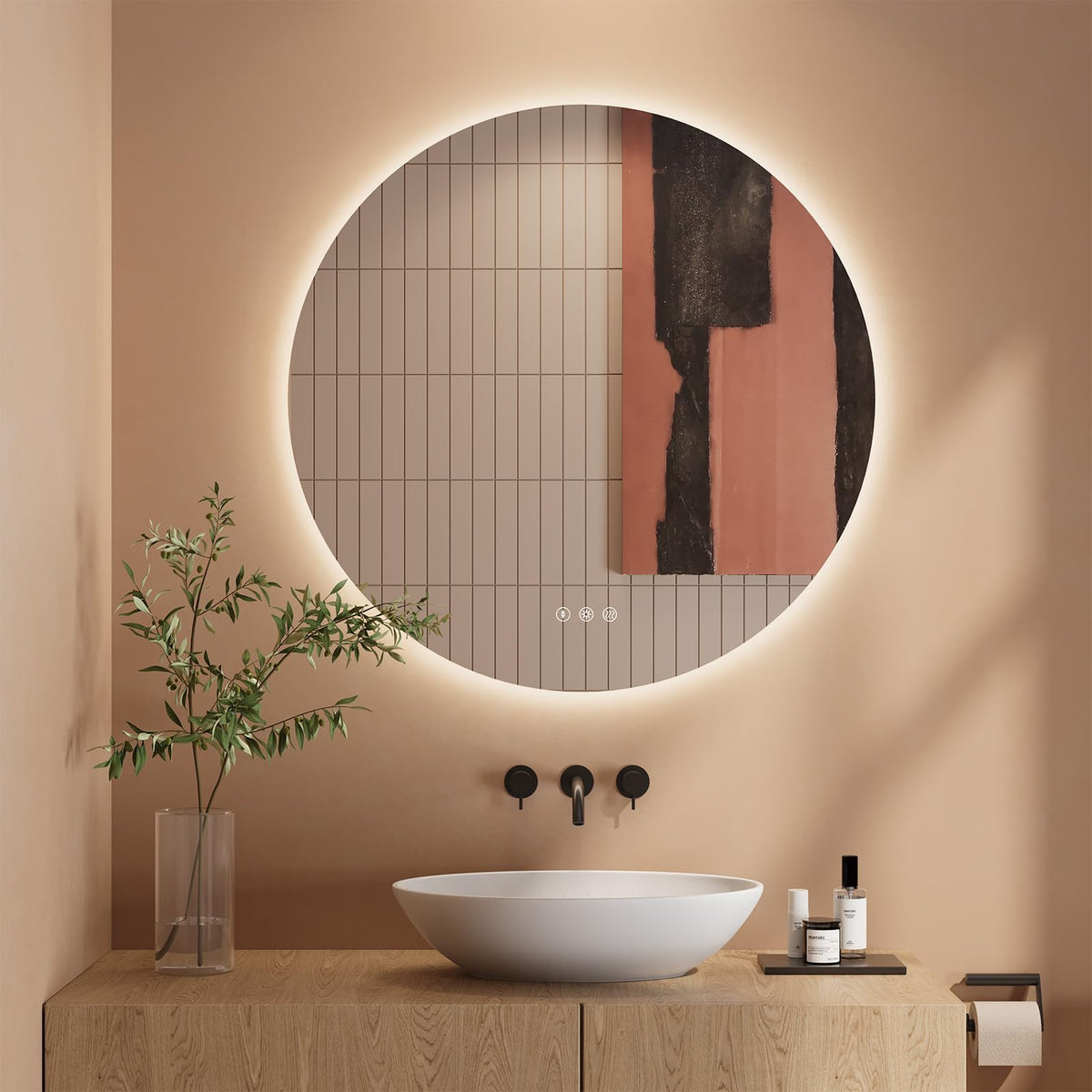 Dripex Badezimmerspiegel Led Badspiegel Rund, Touch-Schalter, Dimmbar, 3 Lichtfarbe Einstellbare Spiegel Bad mit Beleuchtung, LED Wandspiegel mit