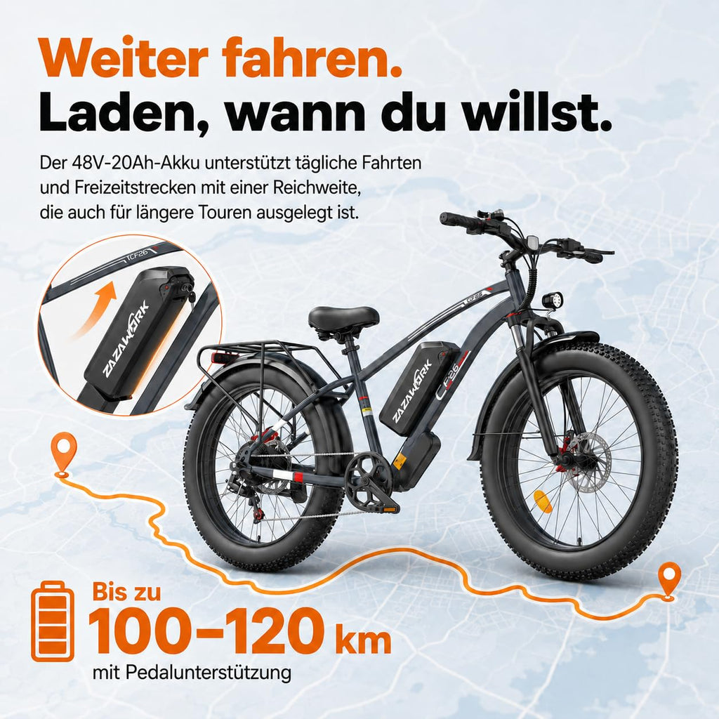 E Bike Herren 26Zoll E Mountainbike 100-120km Reichweite 48V20AH 250W Hintermotor 7-Gang 25km/h E-Bike lockable Federgabel & hydraulische Scheibenbremsen Elektro Fahrrad Männer für Offroad & Trail