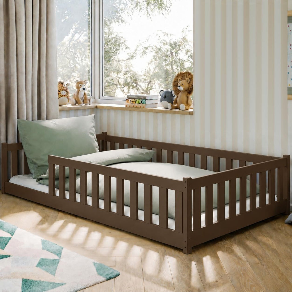 Kids Collective Kinderbett Bodenbett 120x200 cm Bett mit Rausfallschutz & Lattenrost Montessori Bett Bed Gitterbett Kinder Jugendbett Einzelbett
