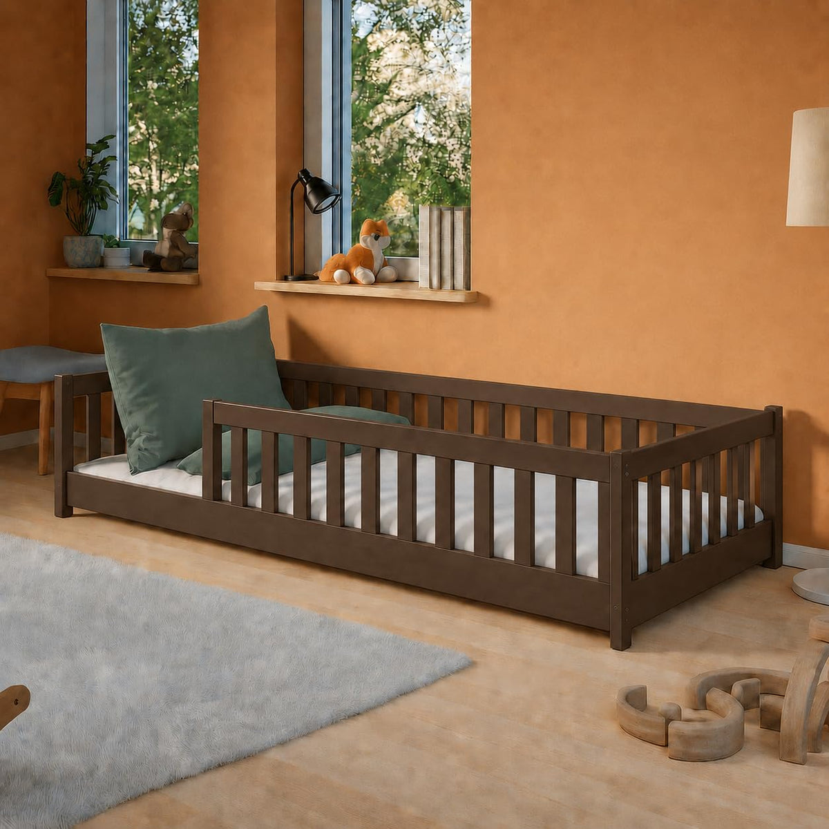 Kids Collective Kinderbett Bodenbett 120x200 cm Bett mit Rausfallschutz & Lattenrost Montessori Bett Bed Gitterbett Kinder Jugendbett Einzelbett