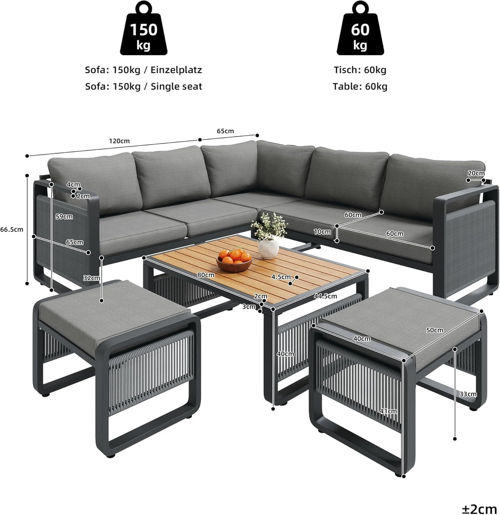 Merax Gartenmöbel Lounge Set Grau für 6 – 7 Personen, Gartensofa mit Liegefunktion, Ecklounge mit Sitzkissen für Terrasse & Balkon