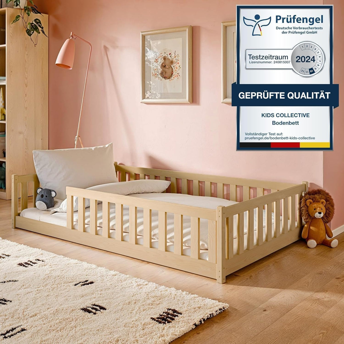 Kids Collective Kinderbett Bodenbett 120x200 cm Bett mit Rausfallschutz & Lattenrost Montessori Bett Bed Gitterbett Kinder Jugendbett Einzelbett