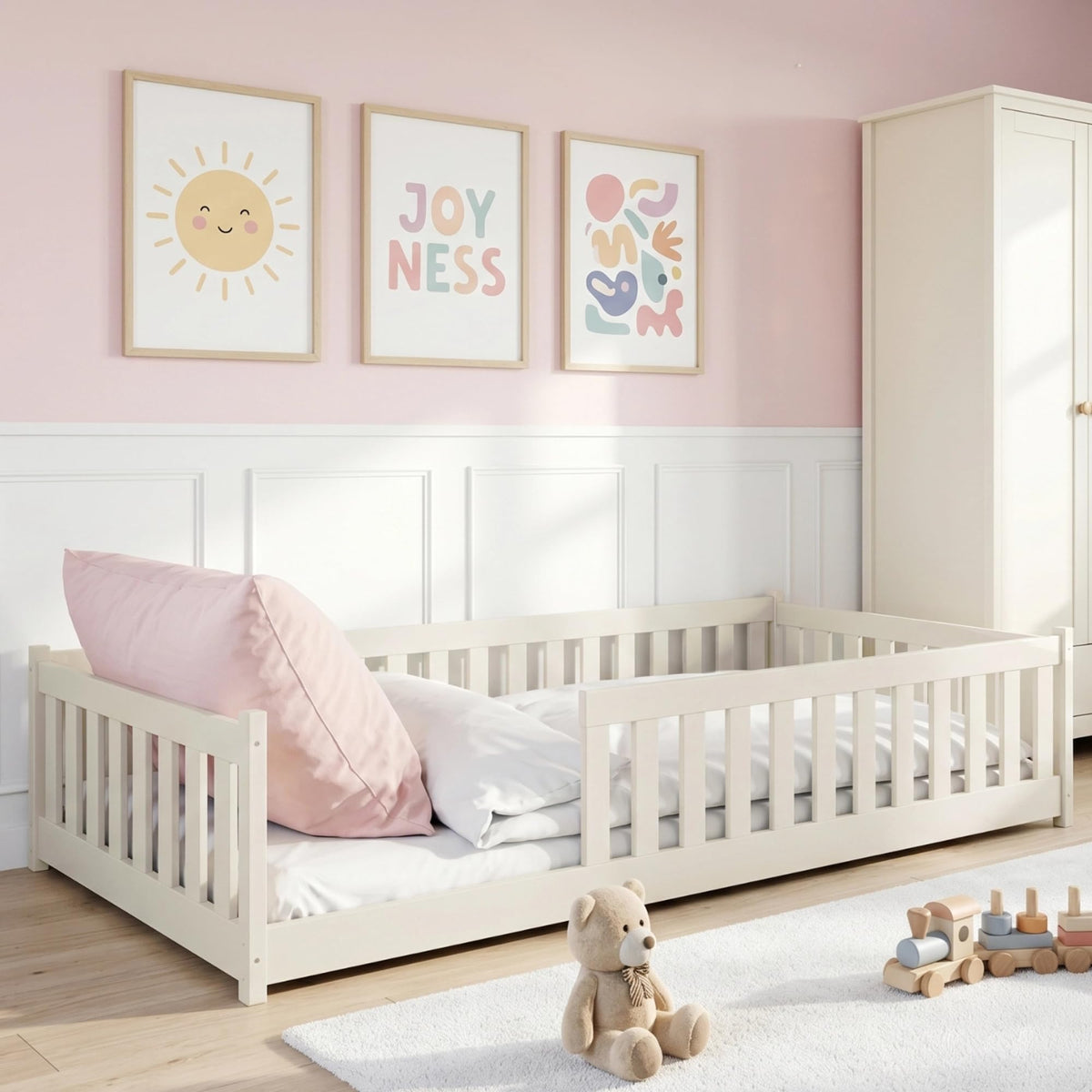 Kids Collective Kinderbett Bodenbett 120x200 cm Bett mit Rausfallschutz & Lattenrost Montessori Bett Bed Gitterbett Kinder Jugendbett Einzelbett