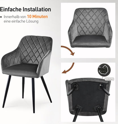CLIPOP Esszimmerstühle 2er Set, Küchenstühle Grau Samtstoff stühle Polsterstühle mit Armlehne Metallbeine Polstersessel Stühle für Esszimmer Küche