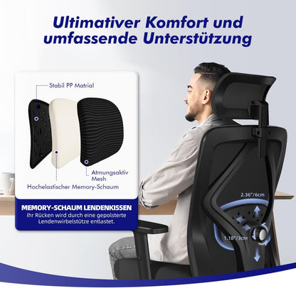 Daccormax Bürostuhl, Bürostuhl Ergonomisch Schreibtischstuhl mit Verstellbaren Armlehnen, Kopfstütze und weiche Lendenstütze aus Naturschwamm