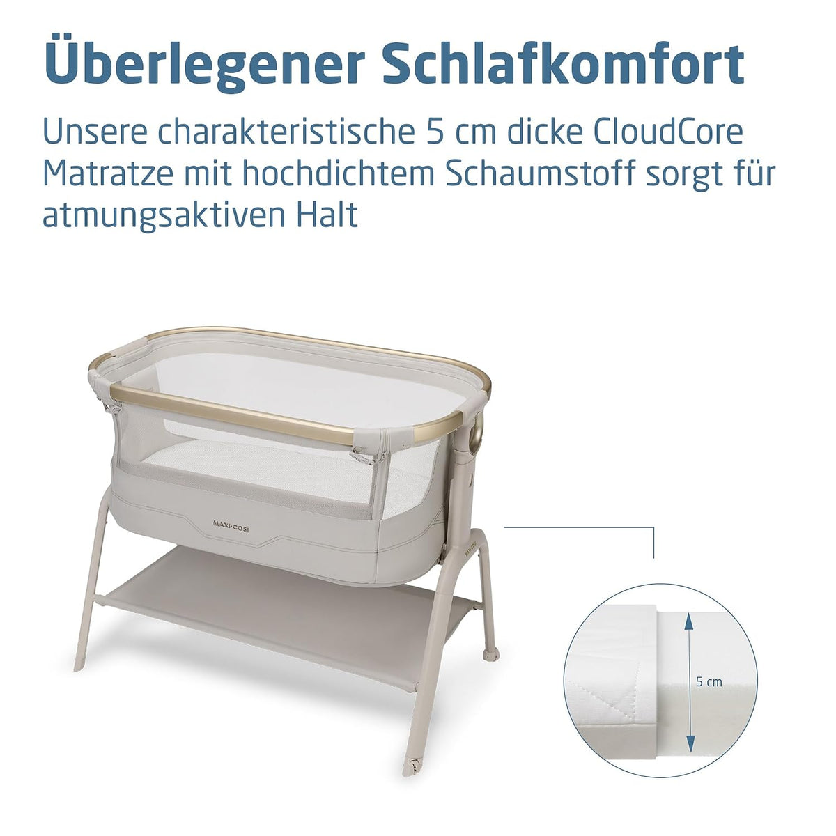 Maxi Cosi Iora² Baby Stubenbett, 0 – 6 kg (9 kg), Klappbares und Leichtes Beistellbett Baby, 5 cm CloudCore-Matratze, 5 Höhenstufen