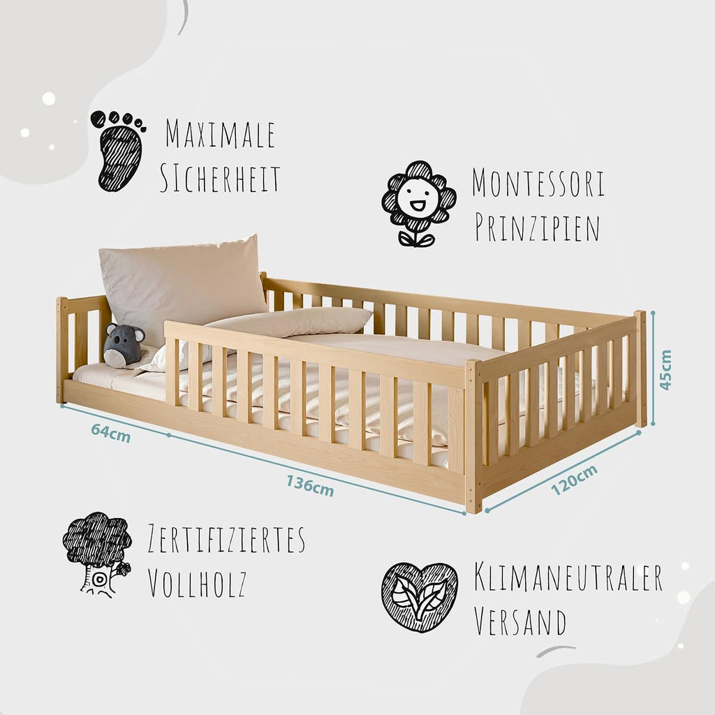 Kids Collective Kinderbett Bodenbett 120x200 cm Bett mit Rausfallschutz & Lattenrost Montessori Bett Bed Gitterbett Kinder Jugendbett Einzelbett