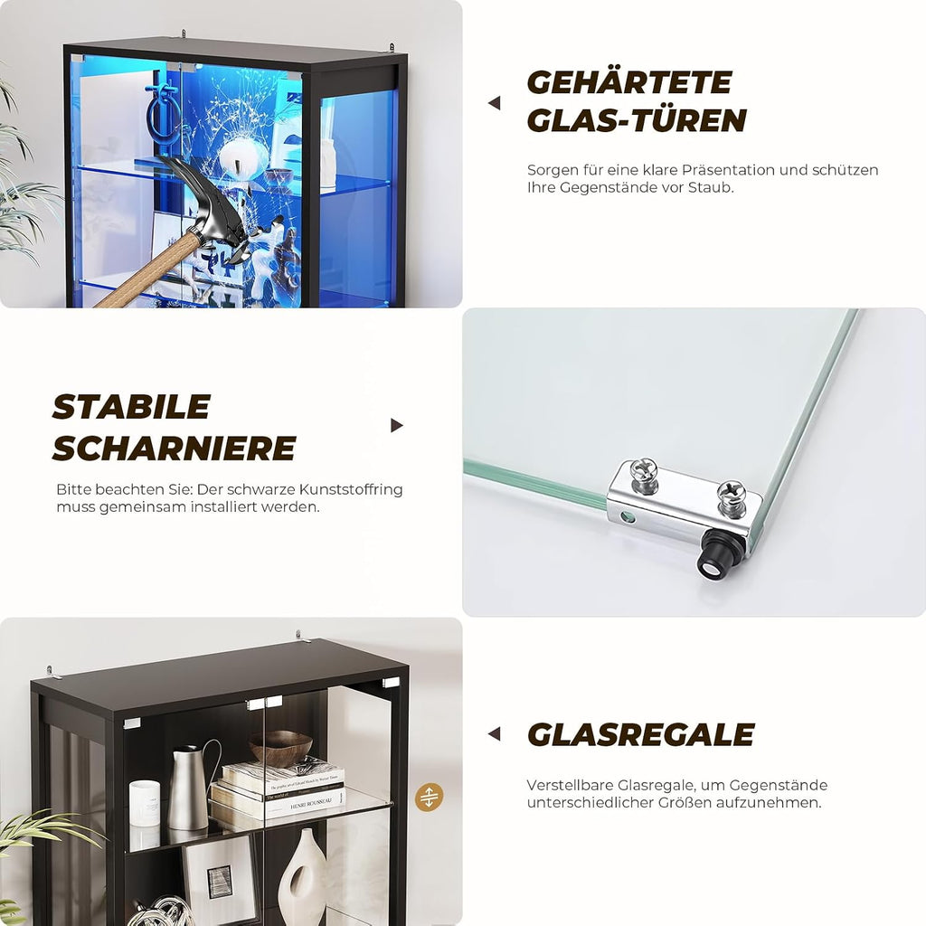 BROTTAR Vitrine mit Glastür, 6-stufige 180cm Vitrine mit 3 Farblichten für Sammlerstücke, Vitrine mit verstellbaren Glasträgern