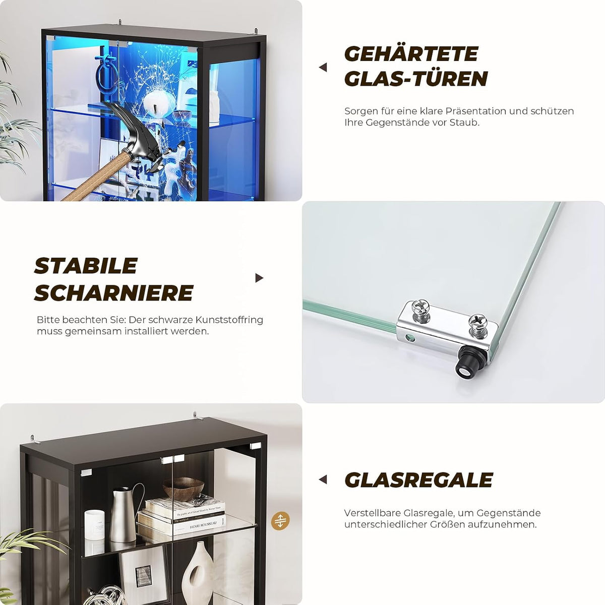 BROTTAR Vitrine mit Glastür, 6-stufige 180cm Vitrine mit 3 Farblichten für Sammlerstücke, Vitrine mit verstellbaren Glasträgern