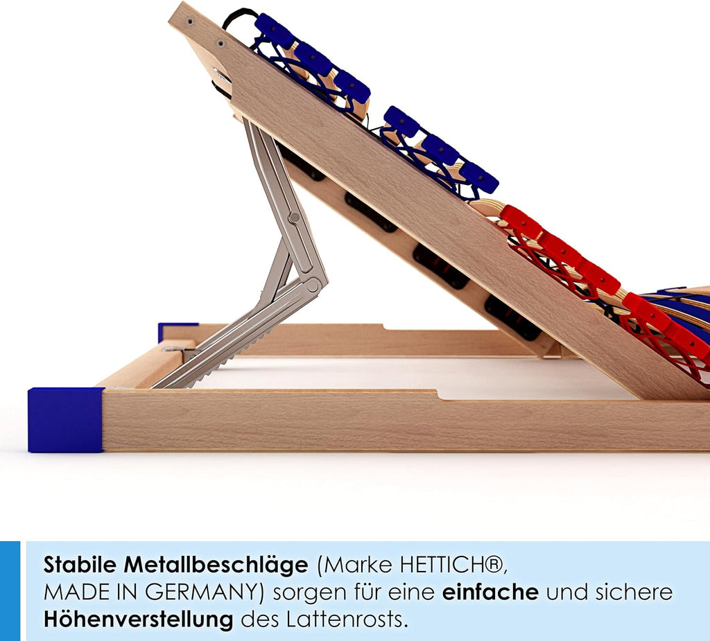 stabiler Lattenrost 100% BUCHE Lattenrahmen - Kopfteil verstellbar - SCHULTERFRÄSUNG, 7 Zonen, 42 Federleisten, Härte-Regulierung, Mittelgurt