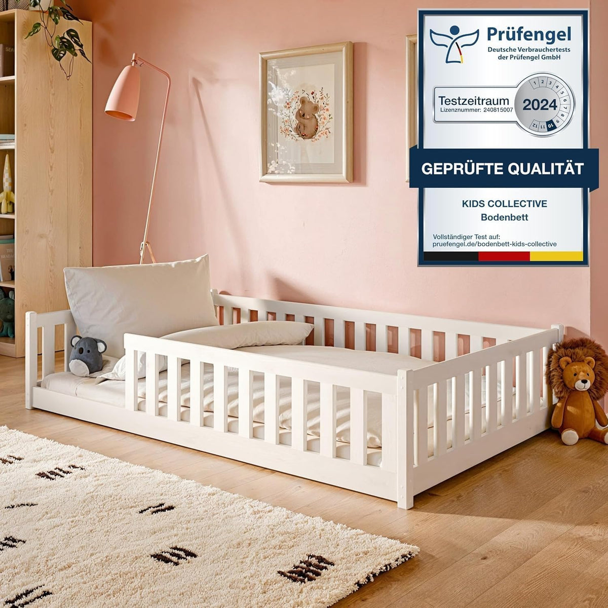 Kids Collective Kinderbett Bodenbett 120x200 cm Bett mit Rausfallschutz & Lattenrost Montessori Bett Bed Gitterbett Kinder Jugendbett Einzelbett
