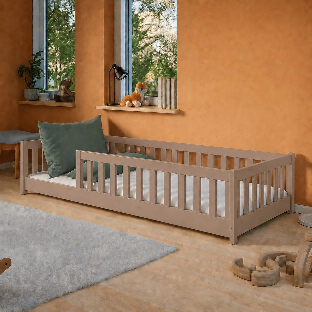 Kids Collective Kinderbett Bodenbett 120x200 cm Bett mit Rausfallschutz & Lattenrost Montessori Bett Bed Gitterbett Kinder Jugendbett Einzelbett